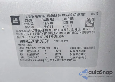 2017 Chevrolet Equinox Lt из США, поврежденный, VIN 2GNALCEK7H1567031